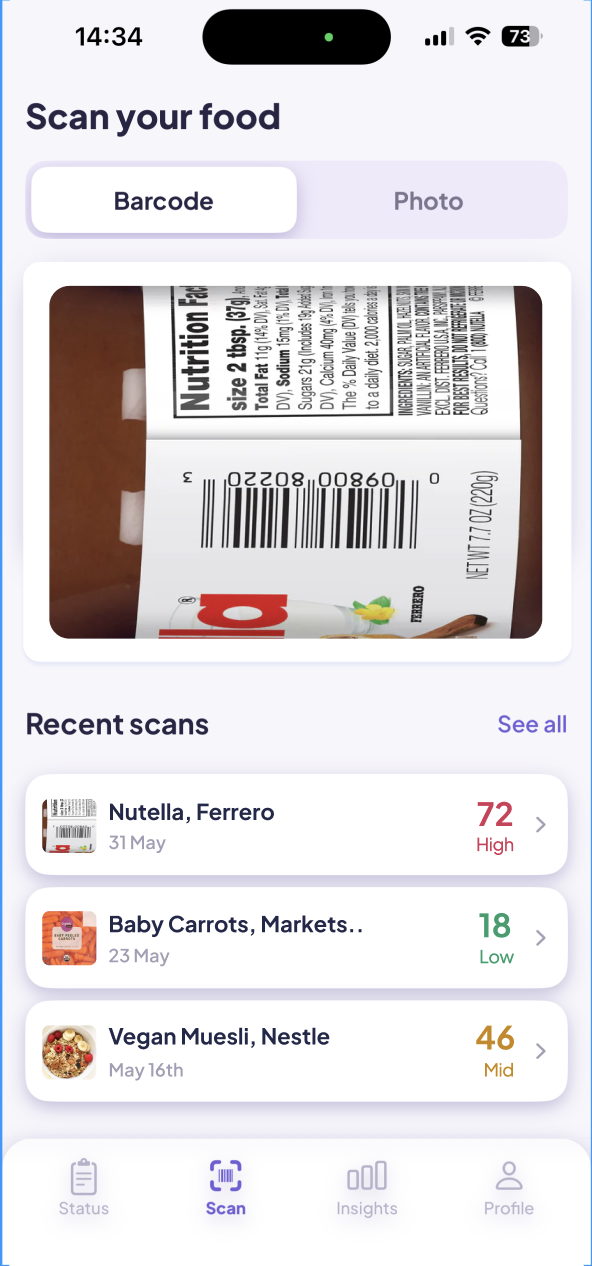 Chronly food scanning screen
